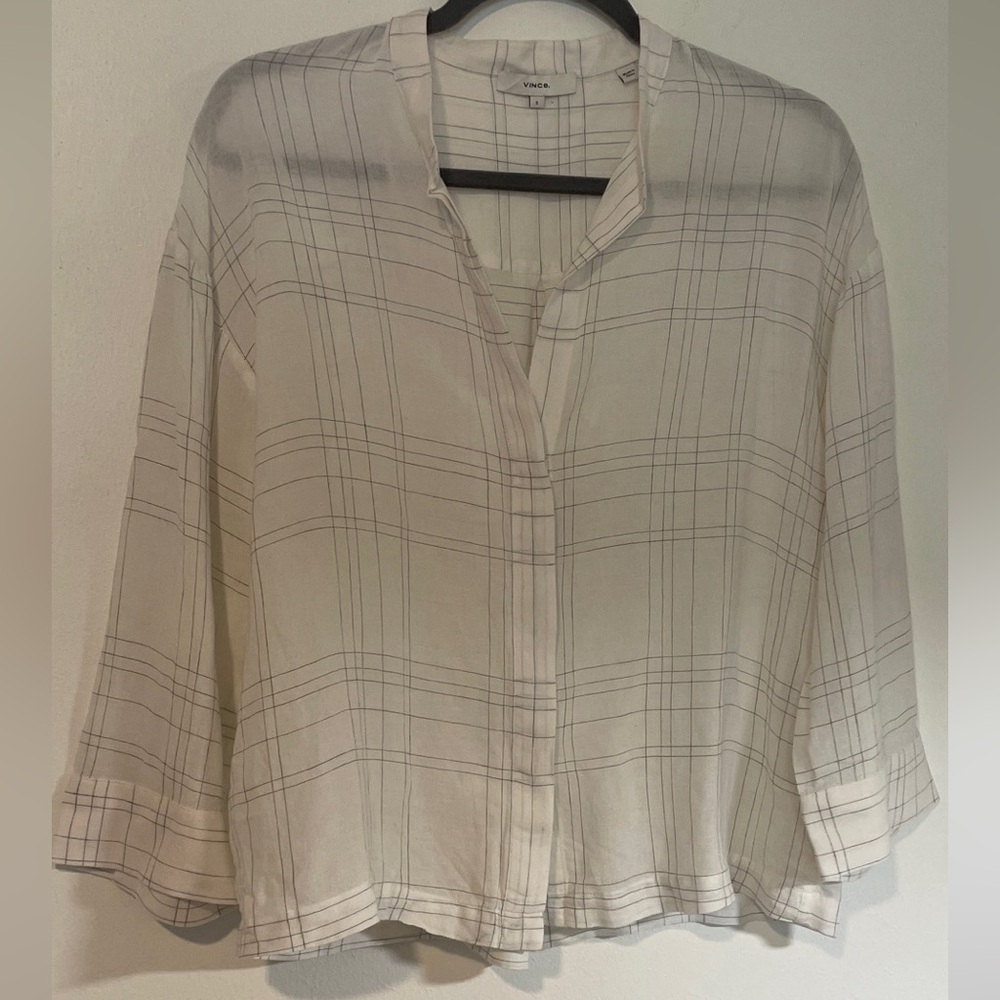 Vince minimalist Cream Blue Patterened 3/4 Sleeve Top Small